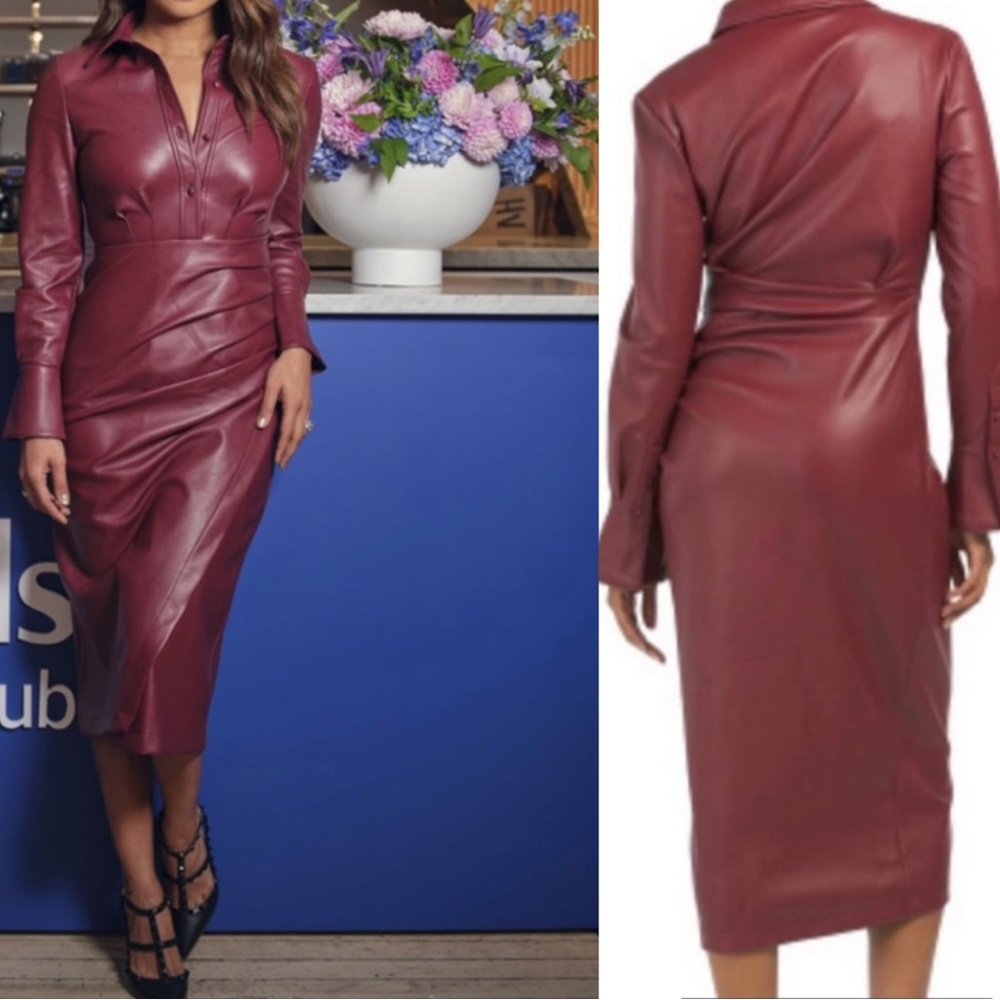 7 For All Mankind Burgundy Faux Leather Midi Shirt Dress